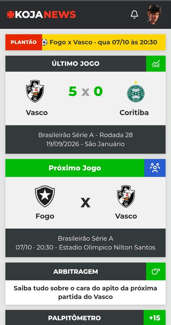 Koja News aberto no celular, mostrando a tabela do Brasileirão e o Data Vasco