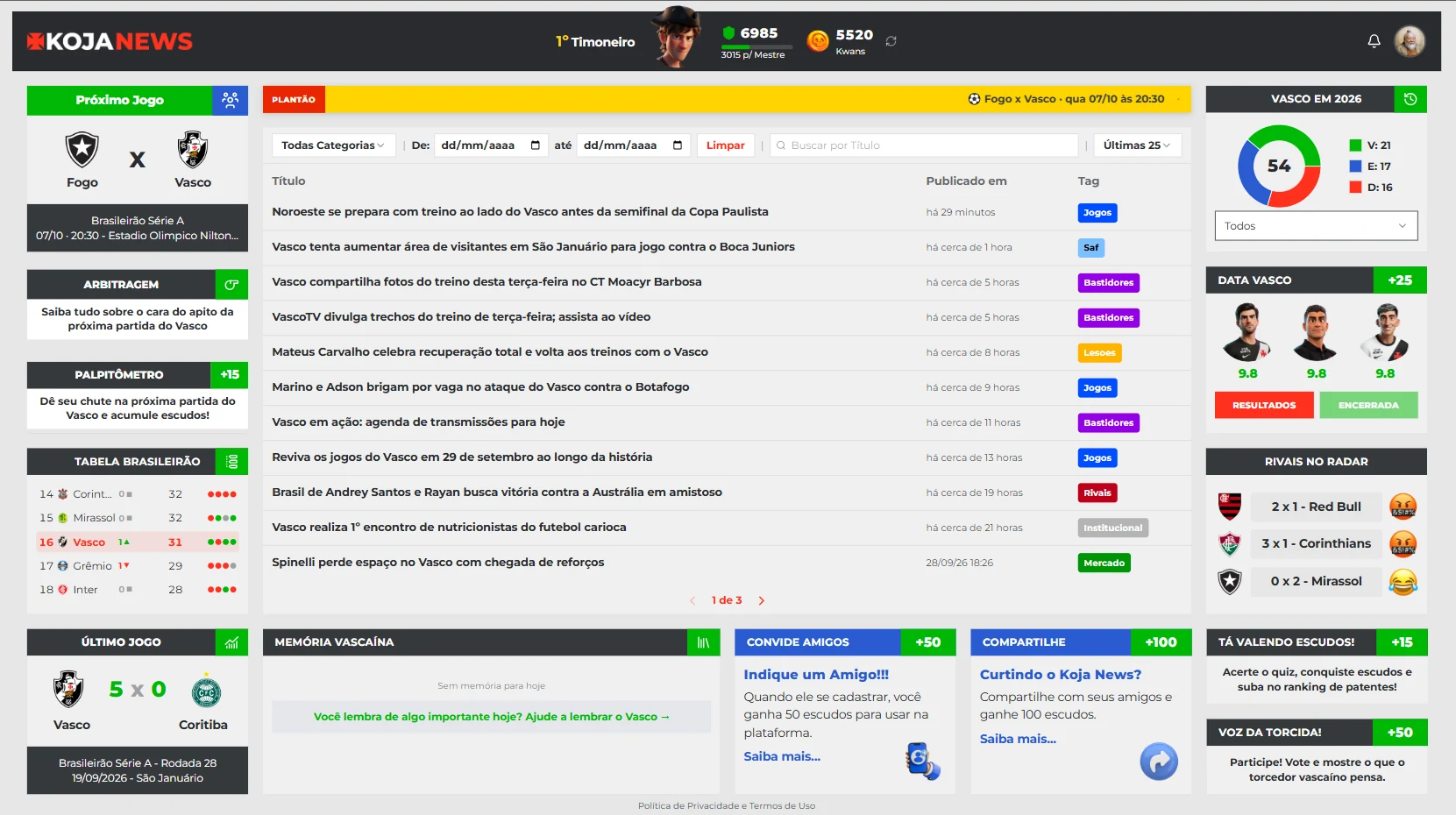 Koja News aberto num computador, mostrando o feed de notícias do Vasco